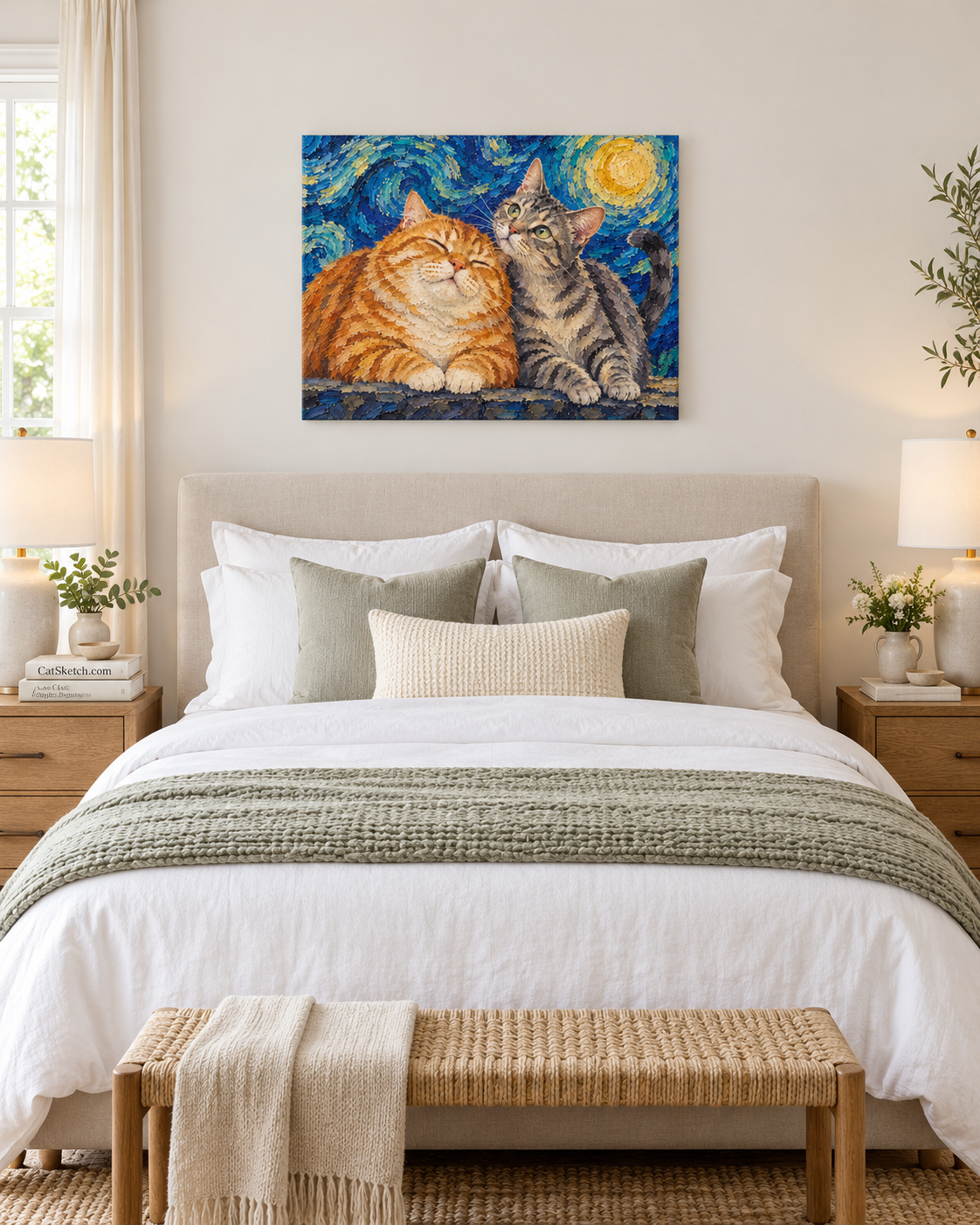 Van Gogh cat portrait canvas, 2 cats, 24" x 18", Black frame, in a room