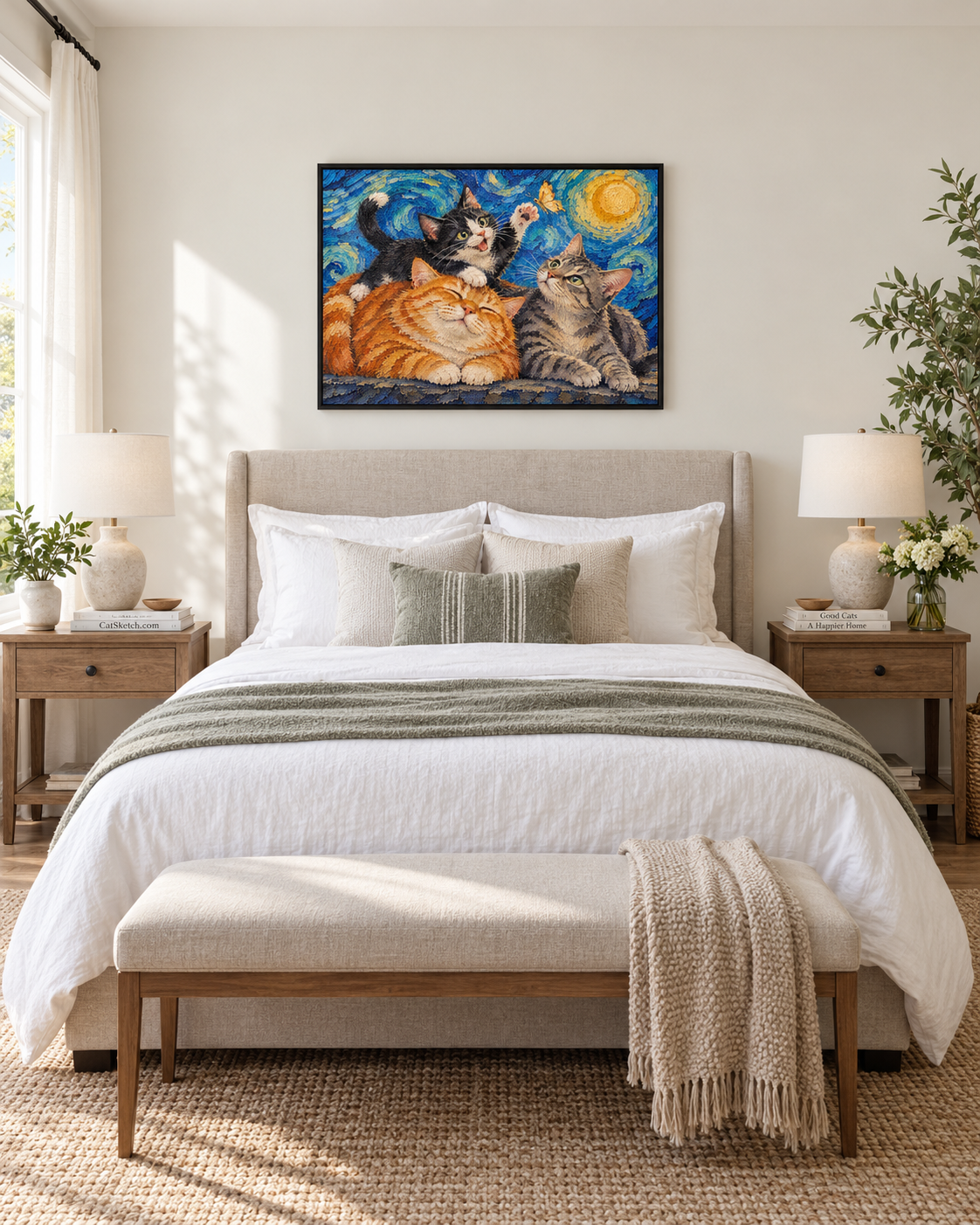 Van Gogh cat portrait canvas, 3 cats, 24" x 18", Black frame, in a room