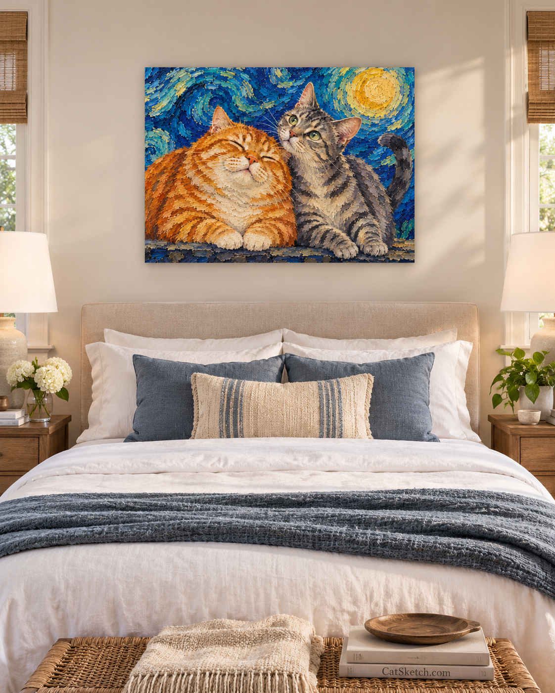 Van Gogh cat portrait canvas, 2 cats, 24" x 18", Unframed, in a room
