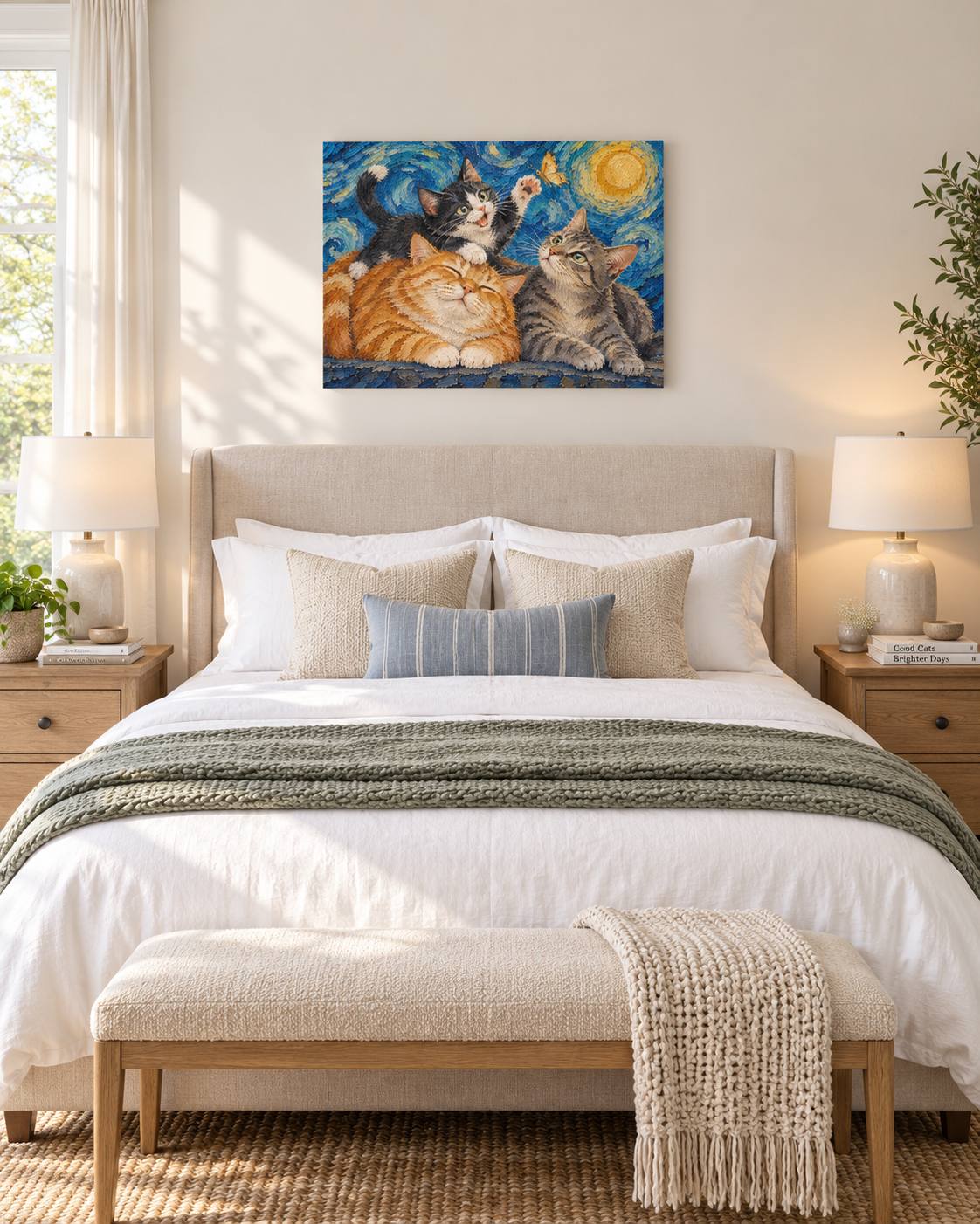 Van Gogh cat portrait canvas, 3 cats, 24" x 18", Unframed, in a room