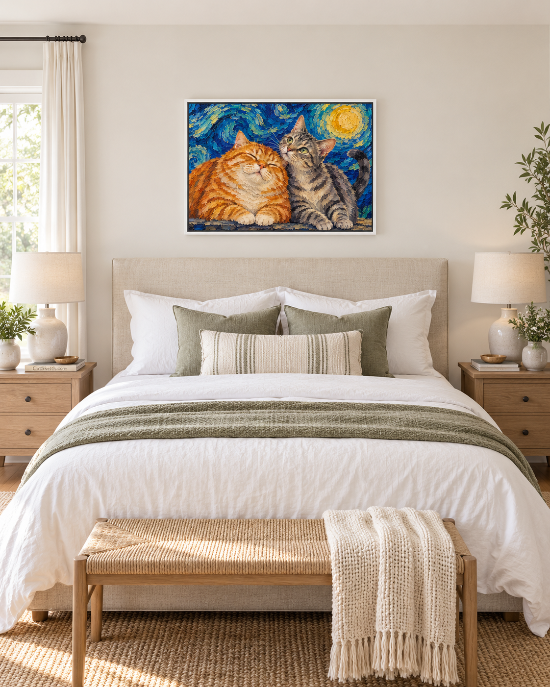 Van Gogh cat portrait canvas, 2 cats, 24" x 18", White frame, in a room