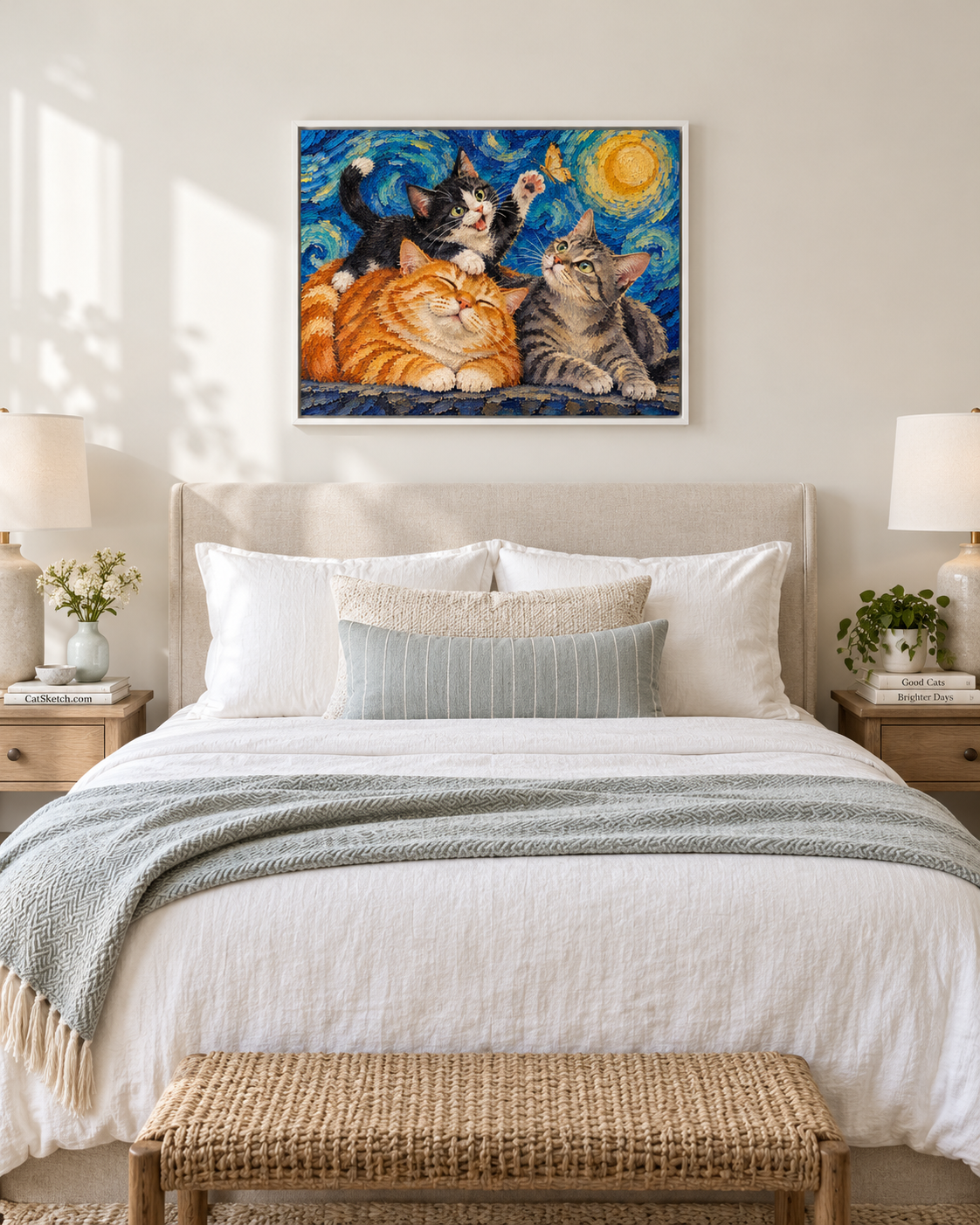 Van Gogh cat portrait canvas, 3 cats, 24" x 18", White frame, in a room