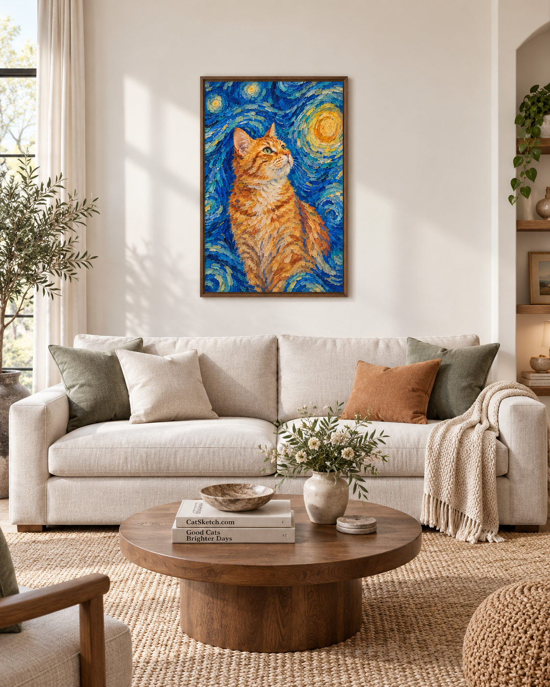Van Gogh cat portrait canvas, 1 cat, 24" x 36", Brown frame, in a room