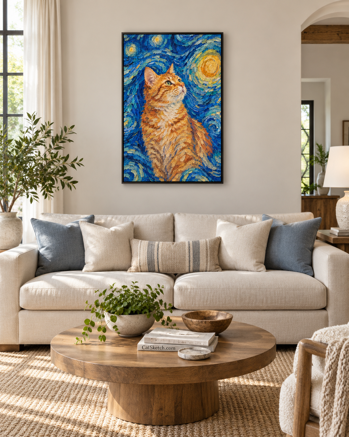 Van Gogh cat portrait canvas, 1 cat, 24" x 36", Black frame, in a room