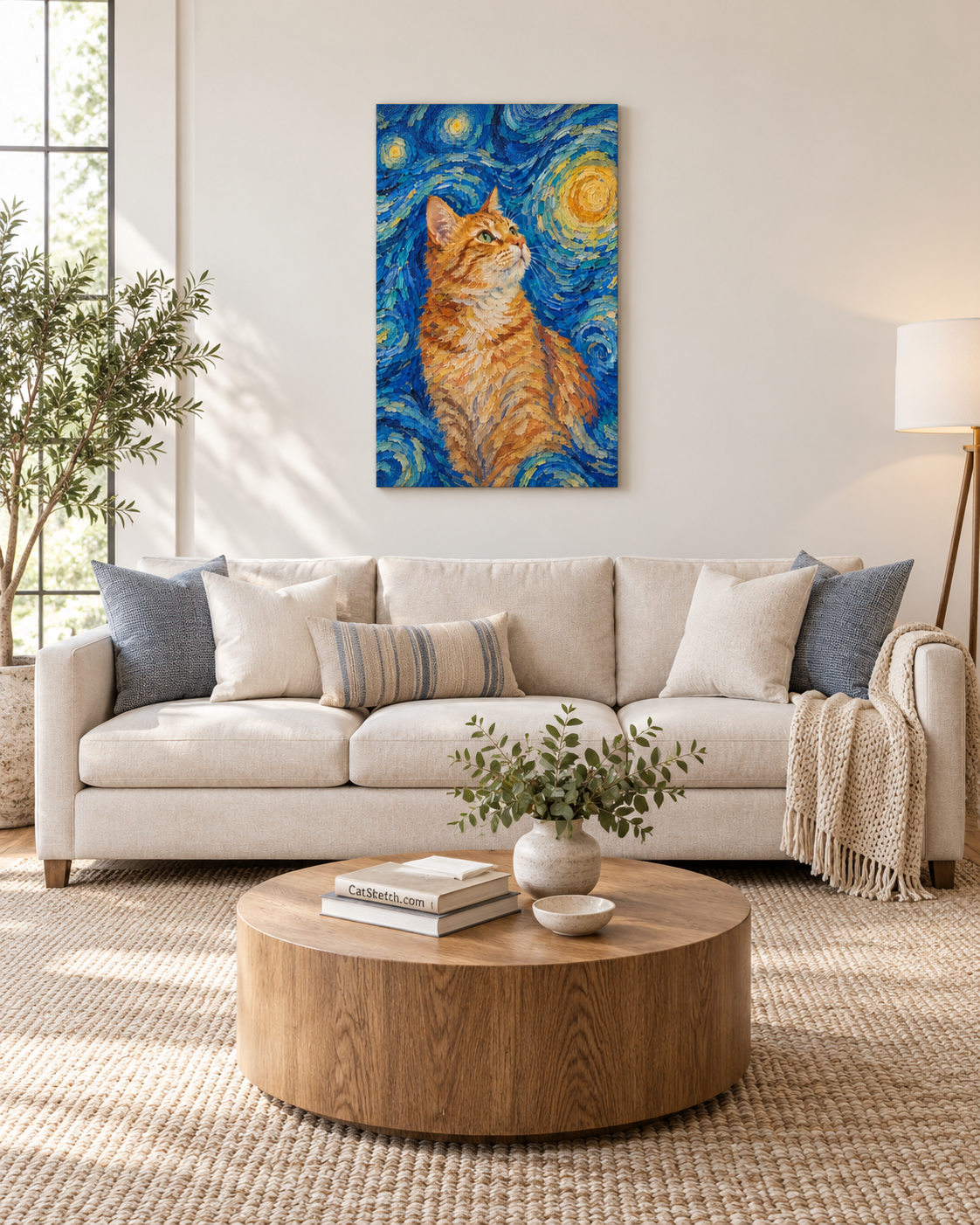 Van Gogh cat portrait canvas, 1 cat, 24" x 36", Unframed, in a room