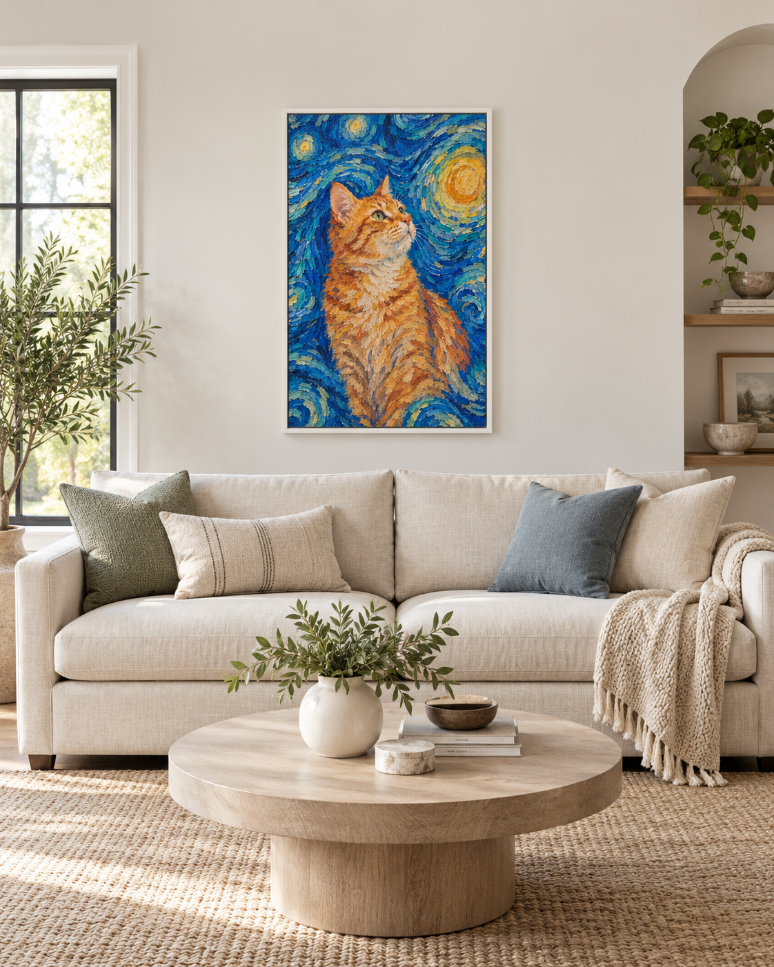 Van Gogh cat portrait canvas, 1 cat, 24" x 36", White frame, in a room