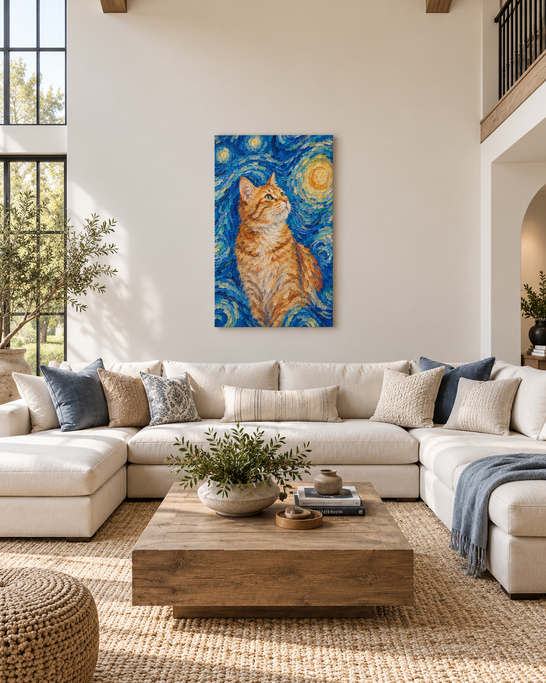 Van Gogh cat portrait canvas, 1 cat, 32" x 48", Unframed, in a room