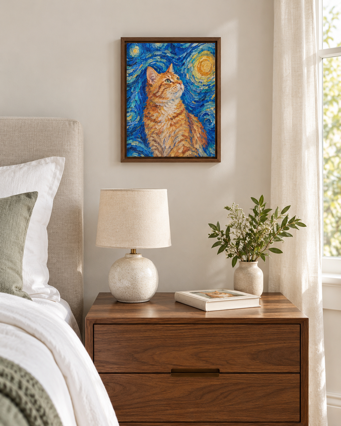 Van Gogh cat portrait canvas, 1 cat, 8" x 10", Brown frame, in a room