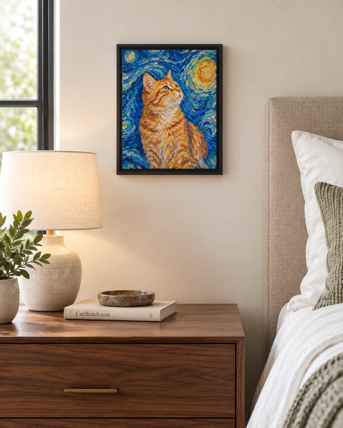 Van Gogh cat portrait canvas, 1 cat, 8" x 10", Black frame, in a room