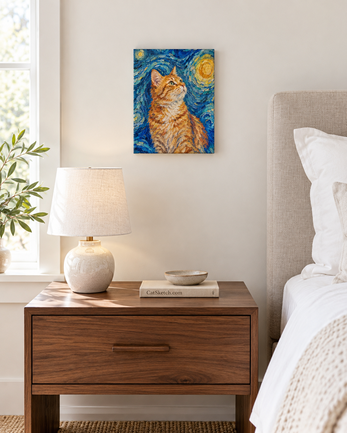 Van Gogh cat portrait canvas, 1 cat, 8" x 10", Unframed, in a room