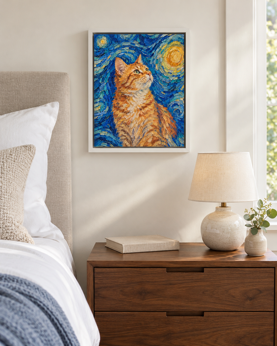 Van Gogh cat portrait canvas, 1 cat, 8" x 10", White frame, in a room