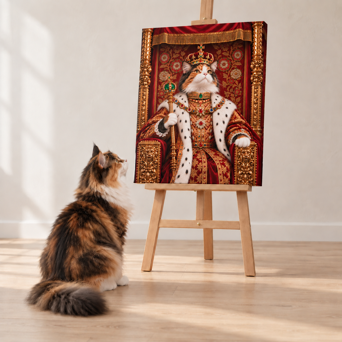 Royal custom cat portrait canvas with a calico cat looking up at it, on an easel