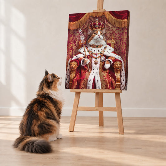 Royal cat portrait canvas, 1 cat, Unframed, with a calico cat sitting beside it, on an easel