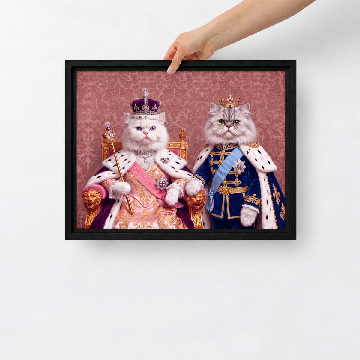 Royal Queen cat portrait canvas, 2 cats, 16" x 12", Black frame, held up by hand to show its true size
