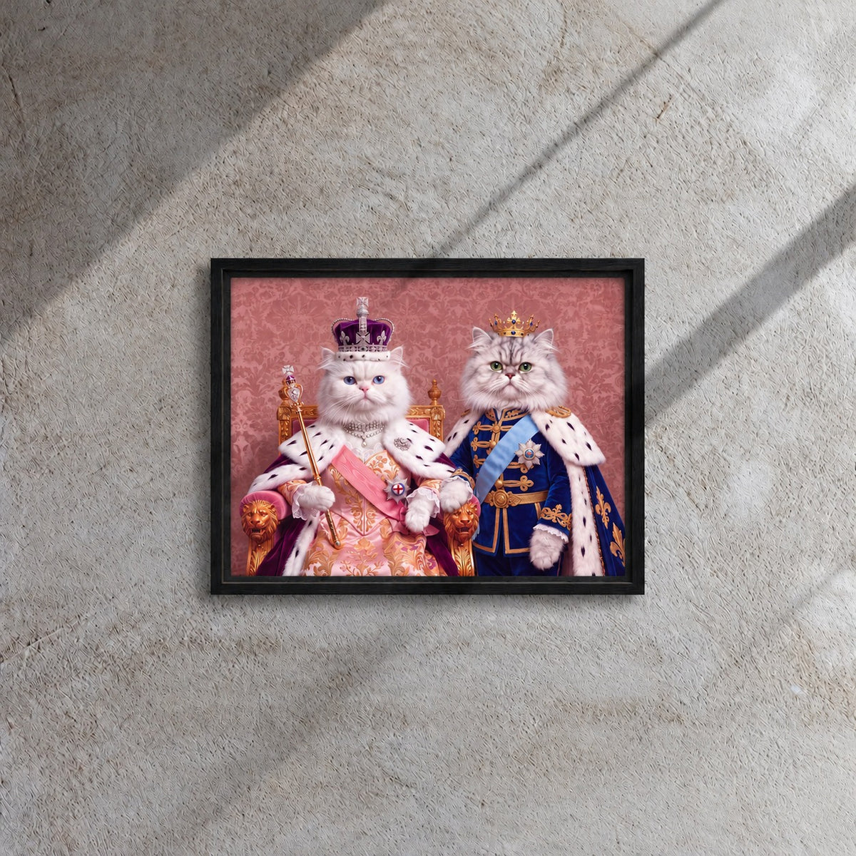 Royal Queen cat portrait canvas, 2 cats, 16" x 12", Black frame, hanging on a grey wall in window light