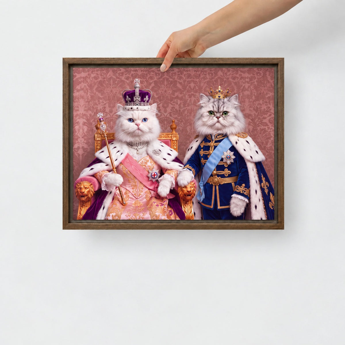 Royal Queen cat portrait canvas, 2 cats, 16" x 12", Brown frame, held up by hand to show its true size