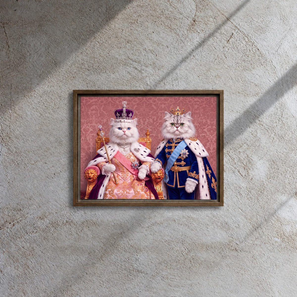 Royal Queen cat portrait canvas, 2 cats, 16" x 12", Brown frame, hanging on a grey wall in window light