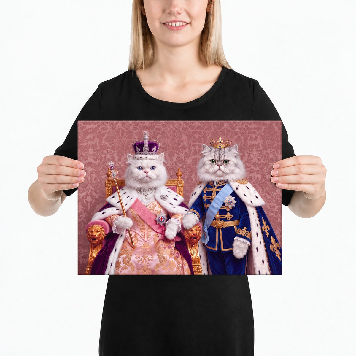Royal Queen cat portrait canvas, 2 cats, 16" x 12", Unframed, held up to show its true size