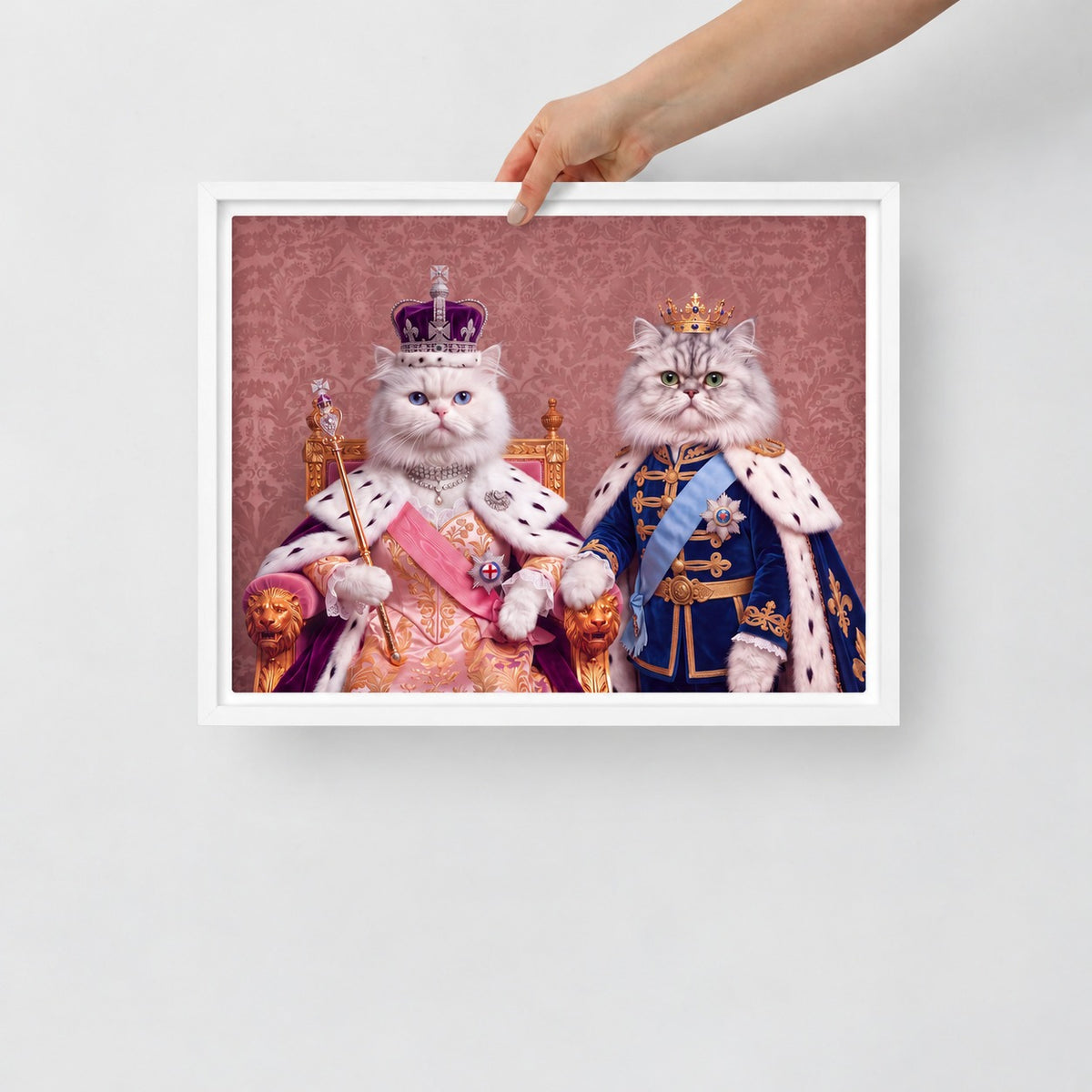 Royal Queen cat portrait canvas, 2 cats, 16" x 12", White frame, held up by hand to show its true size