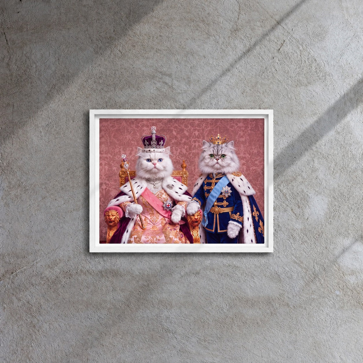 Royal Queen cat portrait canvas, 2 cats, 16" x 12", White frame, hanging on a grey wall in window light