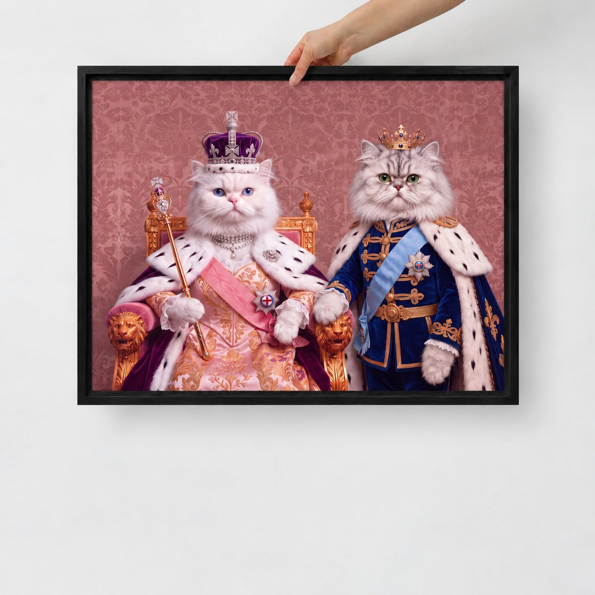 Royal Queen cat portrait canvas, 2 cats, 24" x 18", Black frame, held up by hand to show its true size