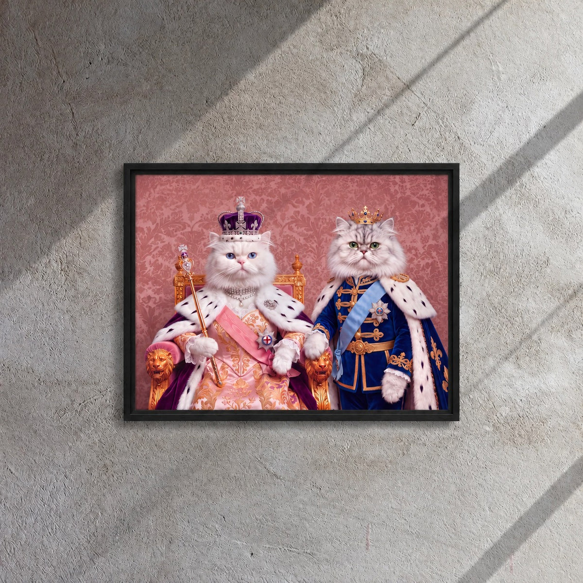 Royal Queen cat portrait canvas, 2 cats, 24" x 18", Black frame, hanging on a grey wall in window light