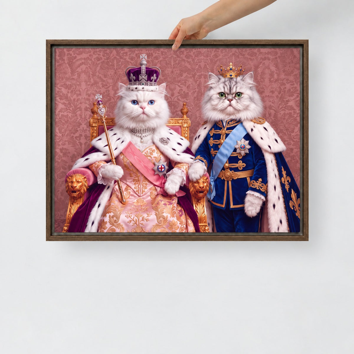 Royal Queen cat portrait canvas, 2 cats, 24" x 18", Brown frame, held up by hand to show its true size