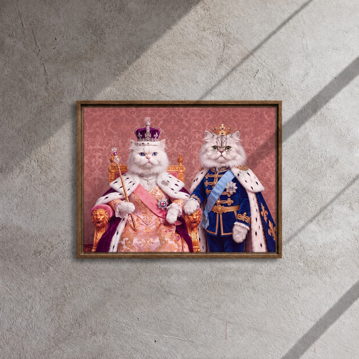 Royal Queen cat portrait canvas, 2 cats, 24" x 18", Brown frame, hanging on a grey wall in window light