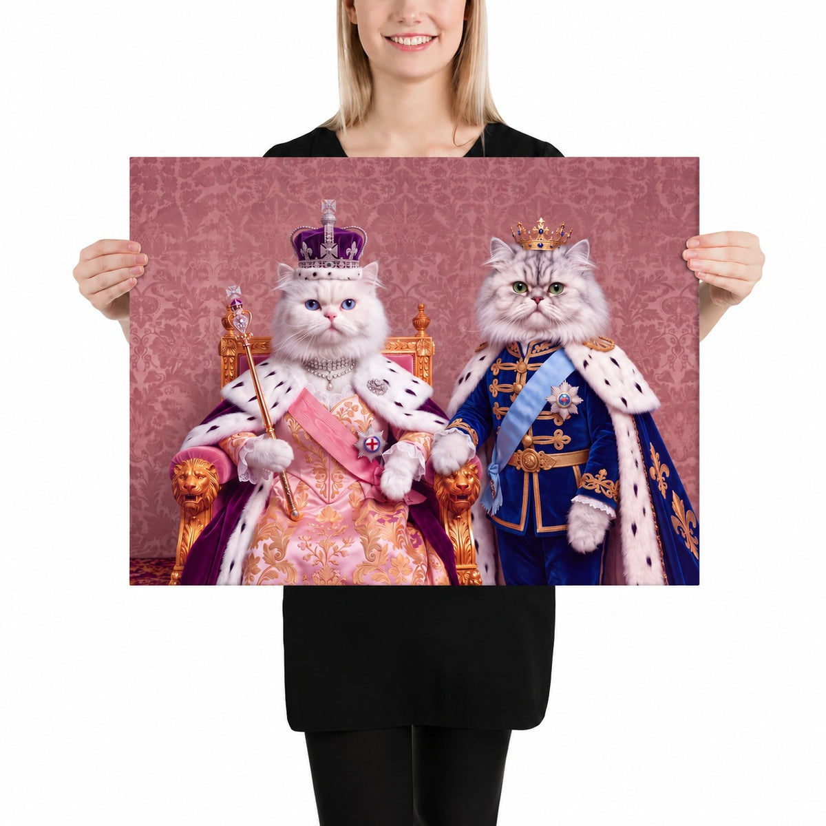 Royal Queen cat portrait canvas, 2 cats, 24" x 18", Unframed, held up to show its true size