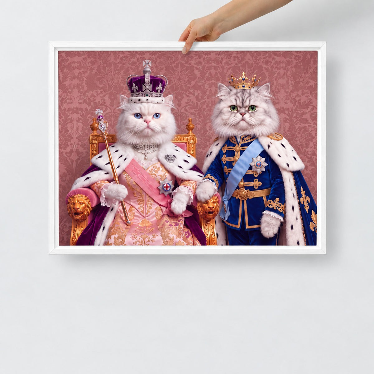 Royal Queen cat portrait canvas, 2 cats, 24" x 18", White frame, held up by hand to show its true size