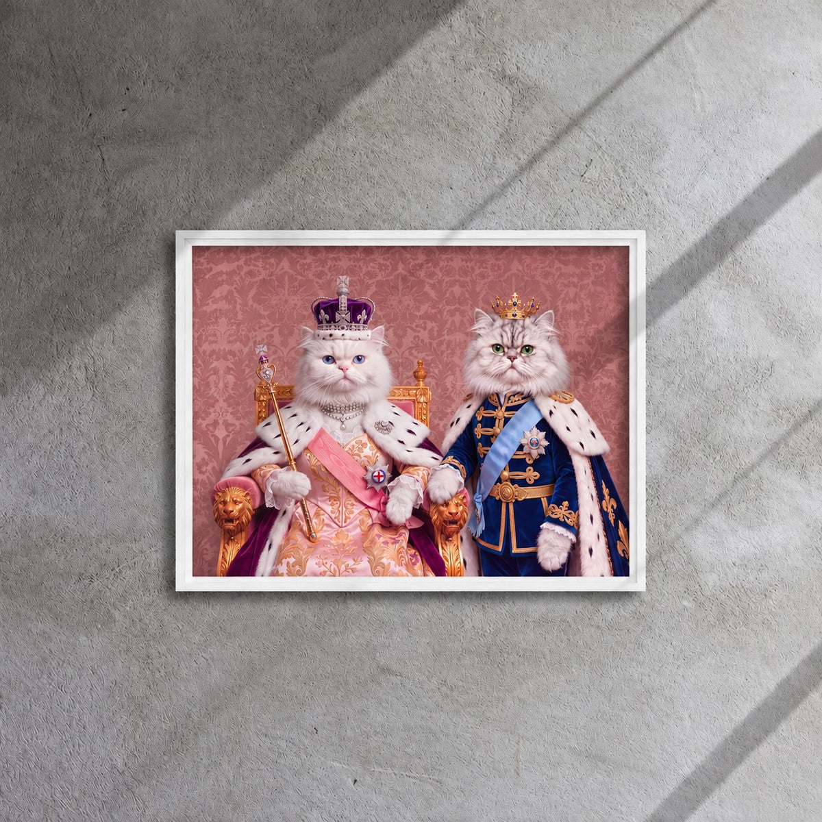 Royal Queen cat portrait canvas, 2 cats, 24" x 18", White frame, hanging on a grey wall in window light