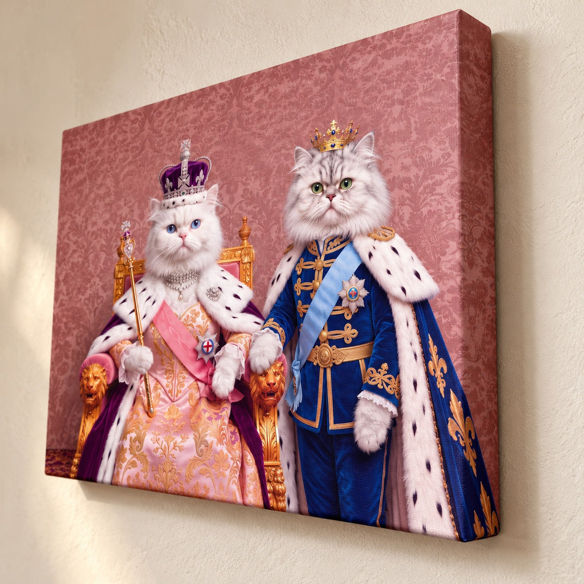 Royal Queen cat portrait canvas, 2 cats, Unframed, angled view showing the gallery wrap edge