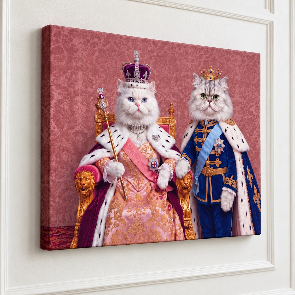 Royal Queen cat portrait canvas, 2 cats, Unframed, close view of the whole canvas showing the canvas weave and wrapped edge
