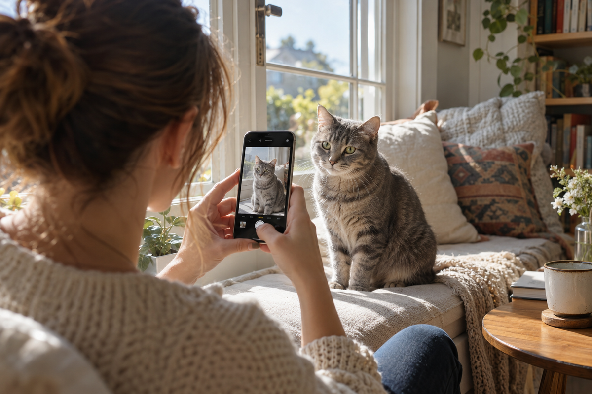 Taking a photo of a tabby cat with a phone