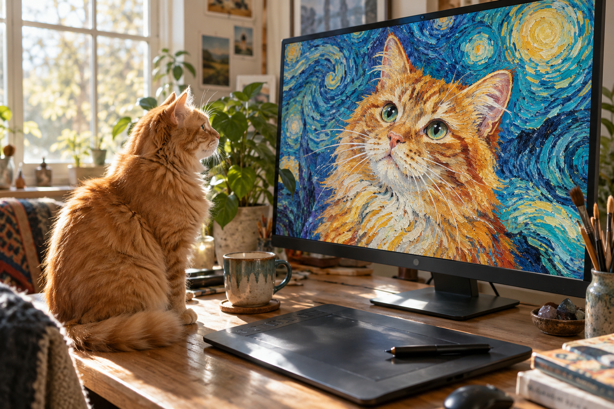 Ginger cat beside a monitor showing its portrait in progress