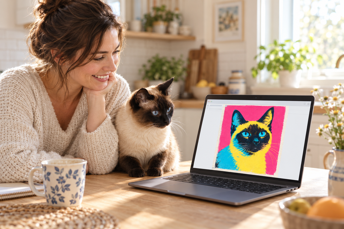 Woman and her Siamese cat looking at the portrait preview on a laptop