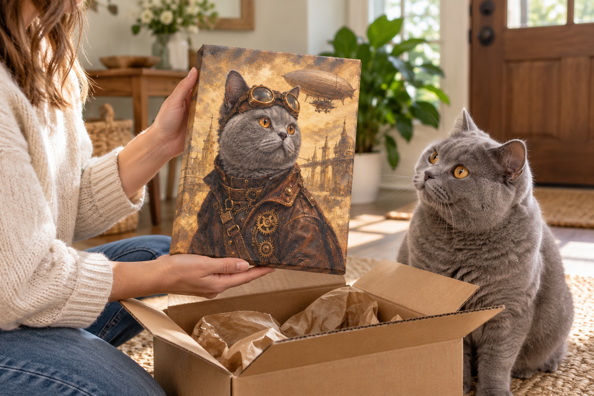 Unboxing a finished cat portrait canvas print with a grey cat watching