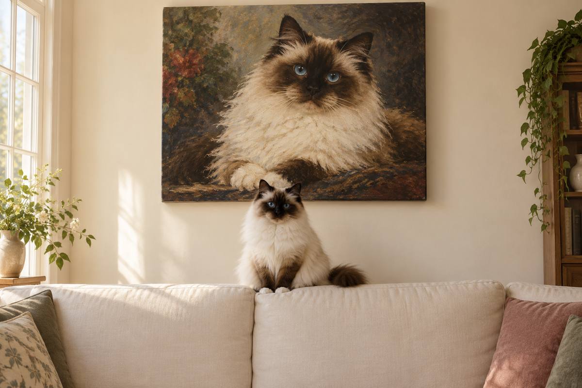 Ragdoll cat on a sofa below its own custom portrait on canvas