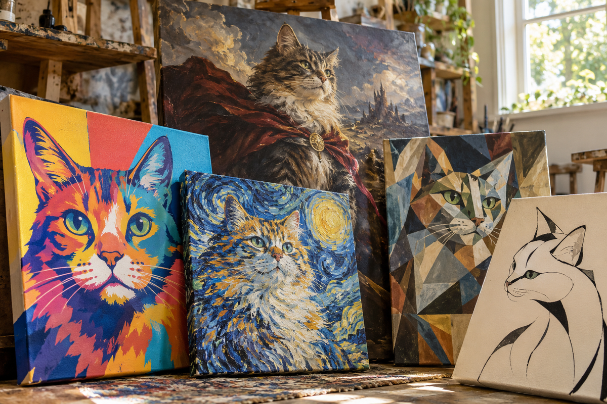 Cat portraits on canvas in pop art, Van Gogh, fantasy, cubist and line art styles