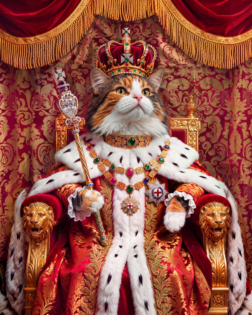 A cat portrait as a King in crimson velvet and ermine
