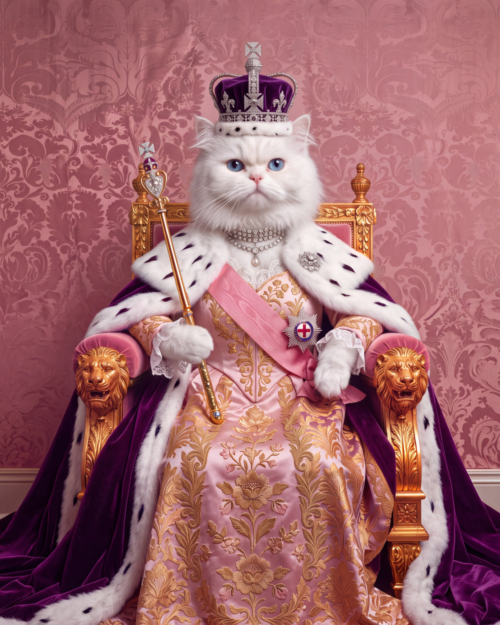 A cat portrait as a Queen in rose silk, pearls and a diamond crown