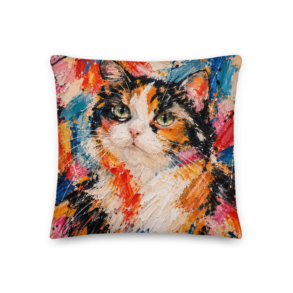 Custom cat portrait pillow, Abstract Expressionism style, square, front