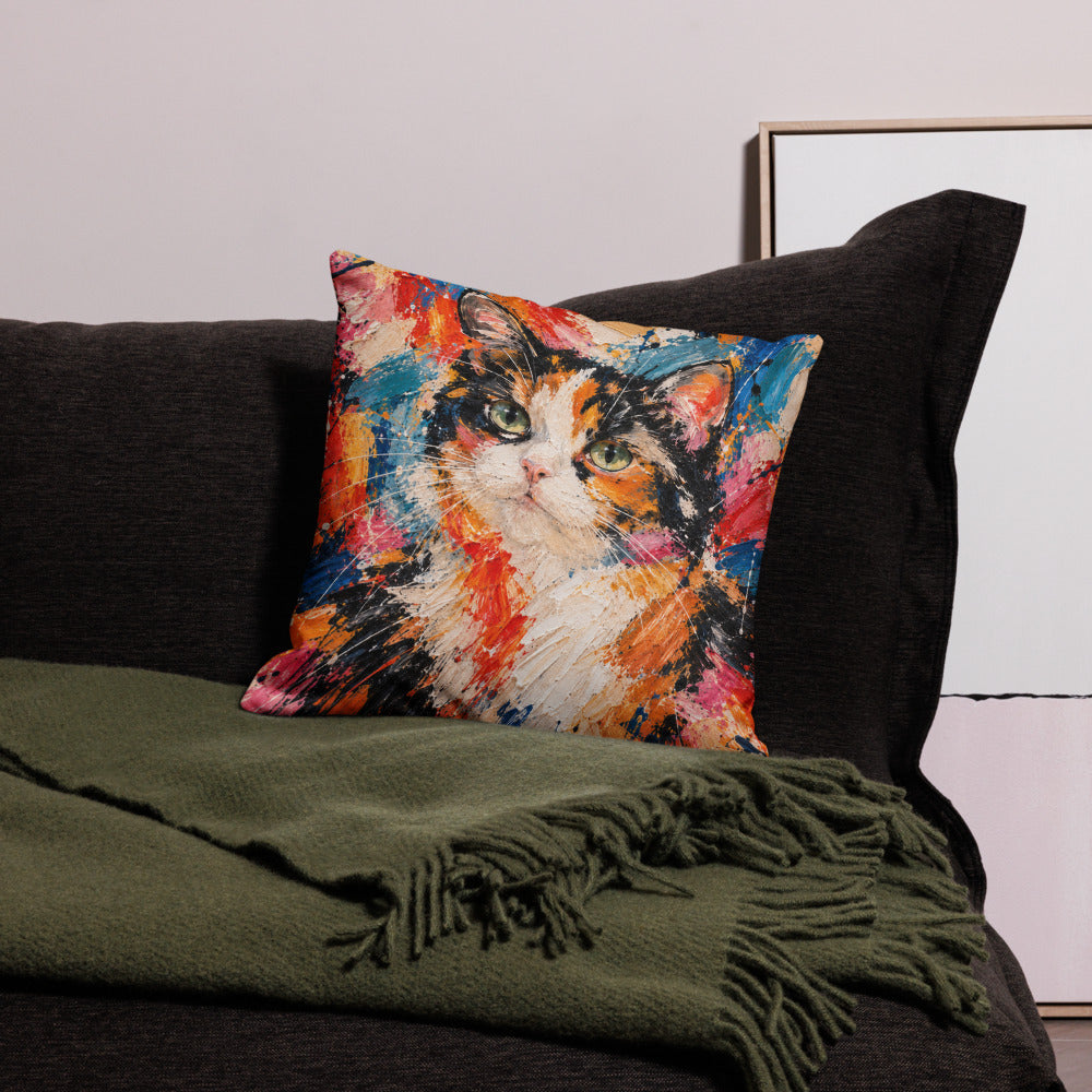 Custom cat portrait pillow, Abstract Expressionism style, square, on a sofa