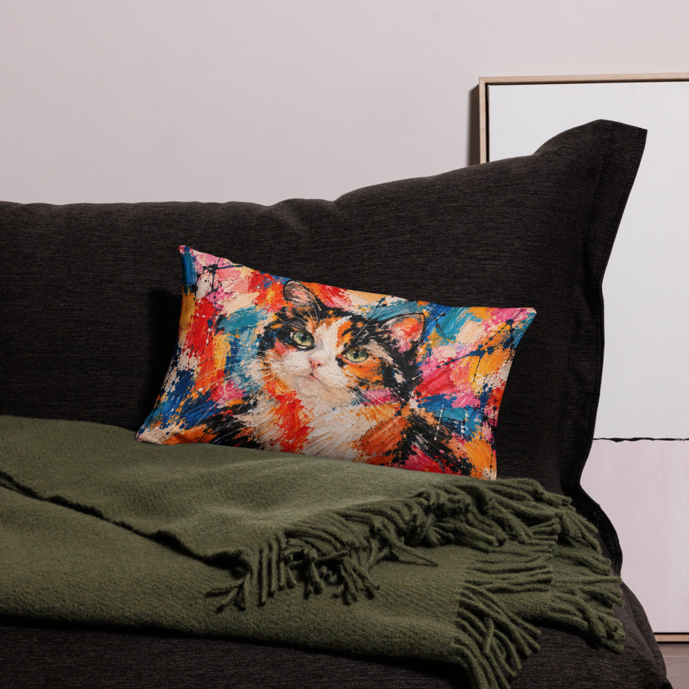 Custom cat portrait lumbar pillow, Abstract Expressionism style, 20" x 12", on a sofa