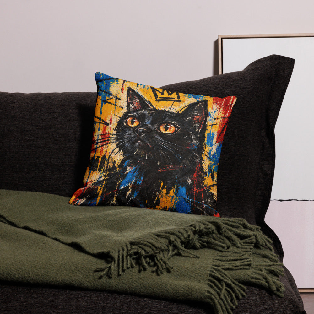 Custom cat portrait pillow, Basquiat style, square, on a sofa