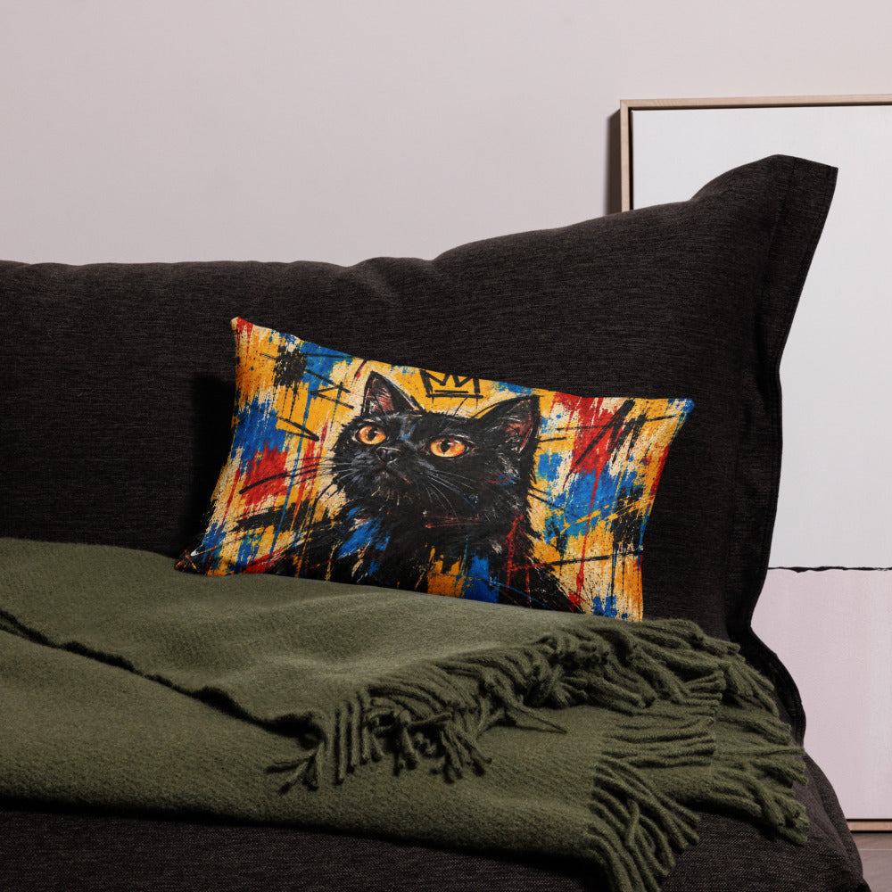Custom cat portrait lumbar pillow, Basquiat style, 20" x 12", on a sofa