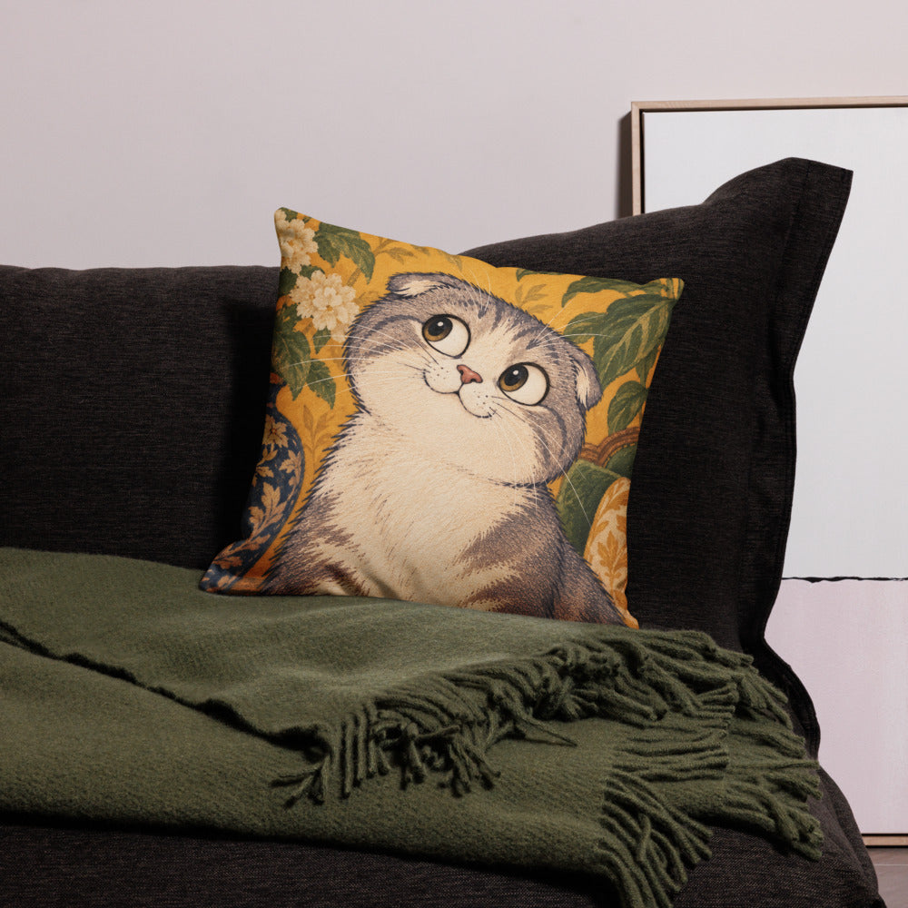Custom cat portrait pillow, Cartoon style, square, on a sofa