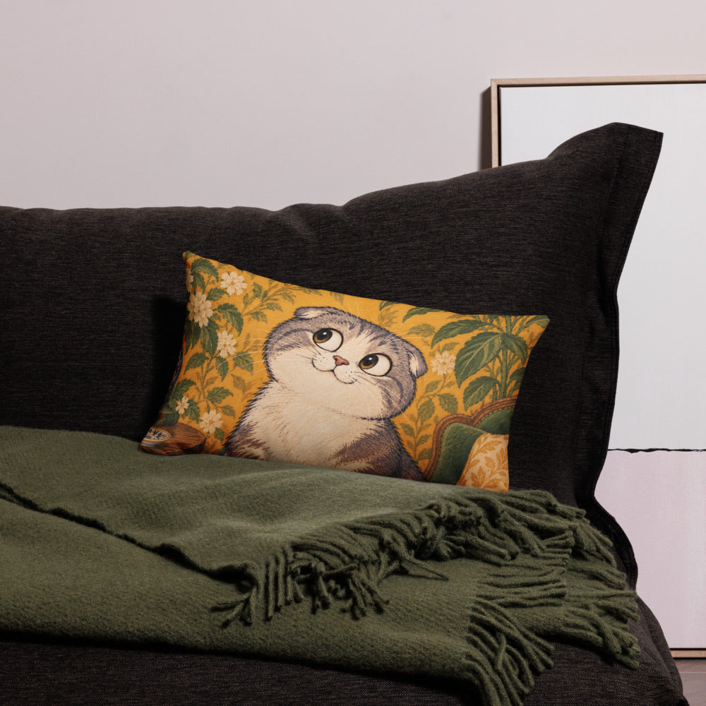 Custom cat portrait lumbar pillow, Cartoon style, 20" x 12", on a sofa