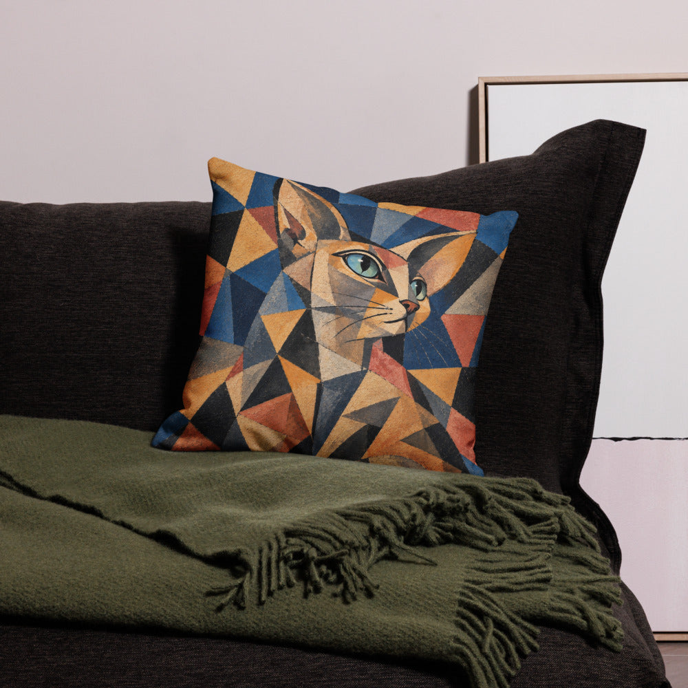 Custom cat portrait pillow, Cubism style, square, on a sofa