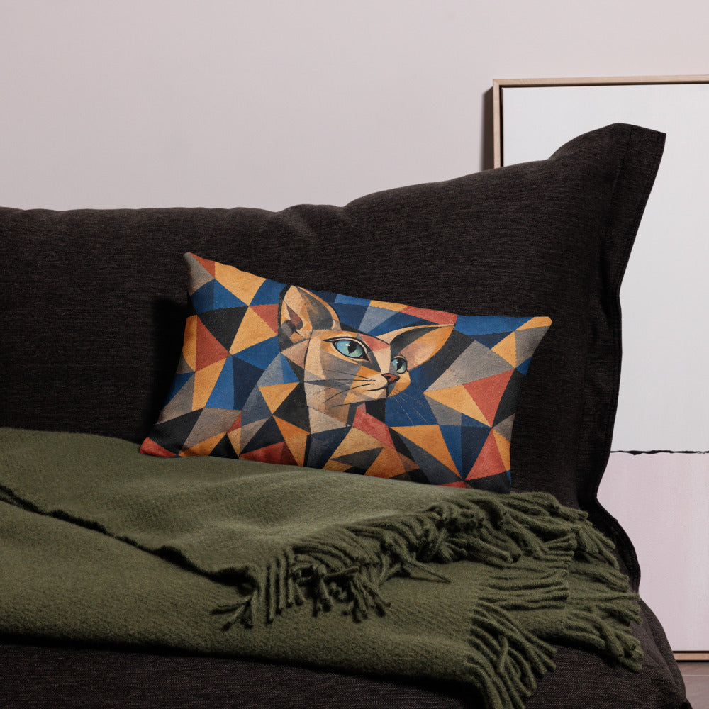 Custom cat portrait lumbar pillow, Cubism style, 20" x 12", on a sofa
